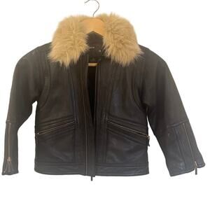 Black Leather Bomber Jacket sz S (5/6) Faux Fur Removable collar 100% leather